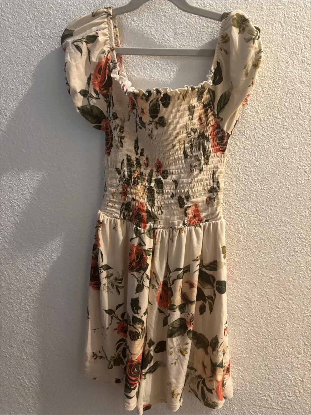 Floral Smocked Puff Sleeve Dress - Cream with Rose Print